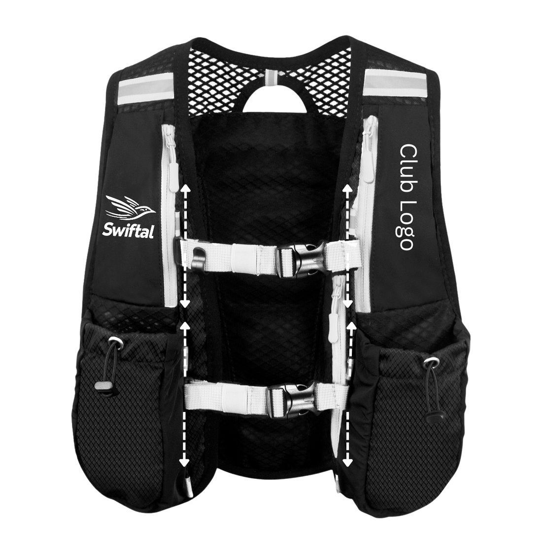 Swiftal Fully Adjustable Running vest with arrows that show adjustment
