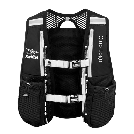 Swiftal Fully Adjustable Running vest with arrows that show adjustment